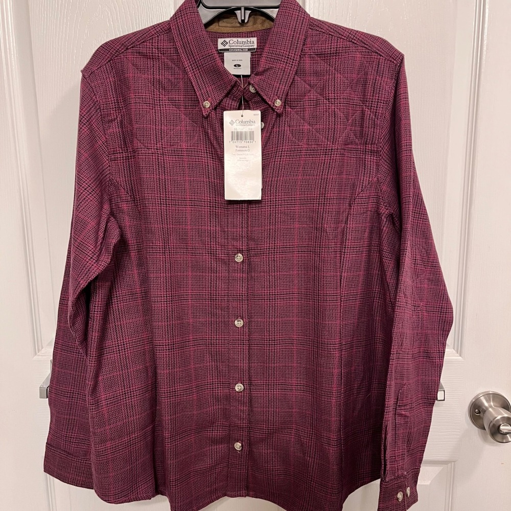 Columbia Foxy Grove Womens L Bramble Purple Plaid Cotton LS Shirt HL7107-583 NWT